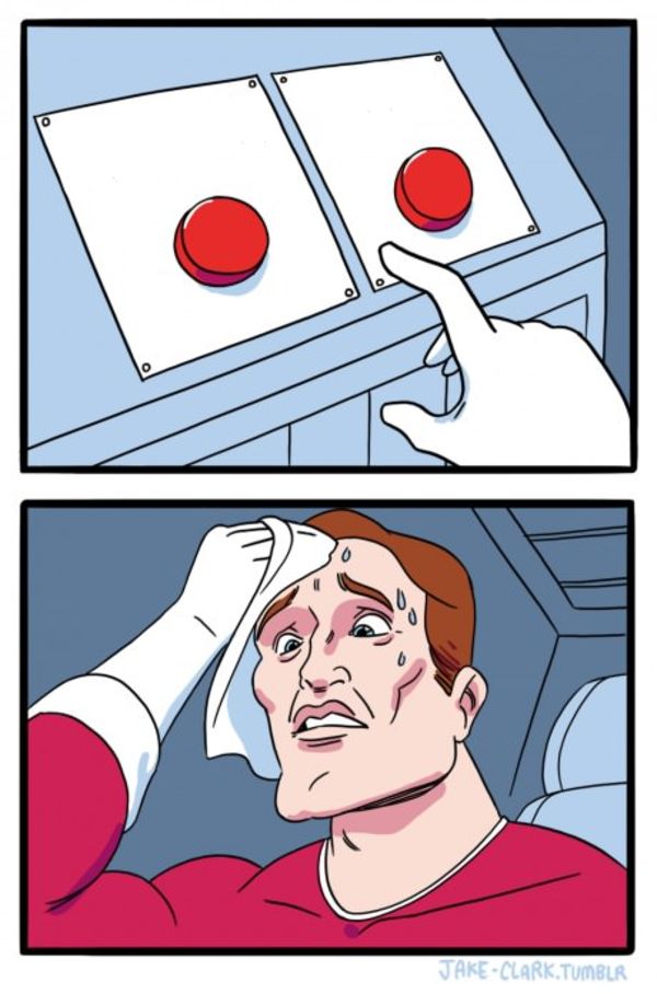 Two Buttons meme about Rael