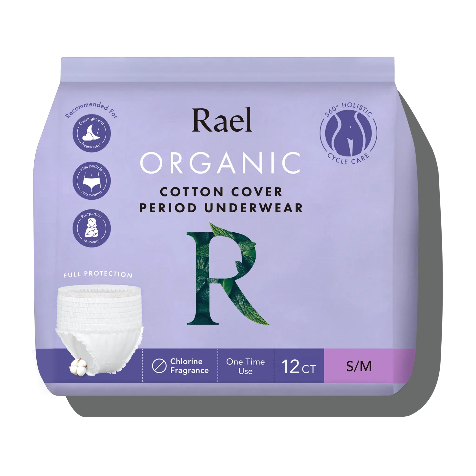 Packaging for Rael Organic Cotton Cover Period Underwear showing the product and its features such as chlorine-free, one-time use, and size S/M.