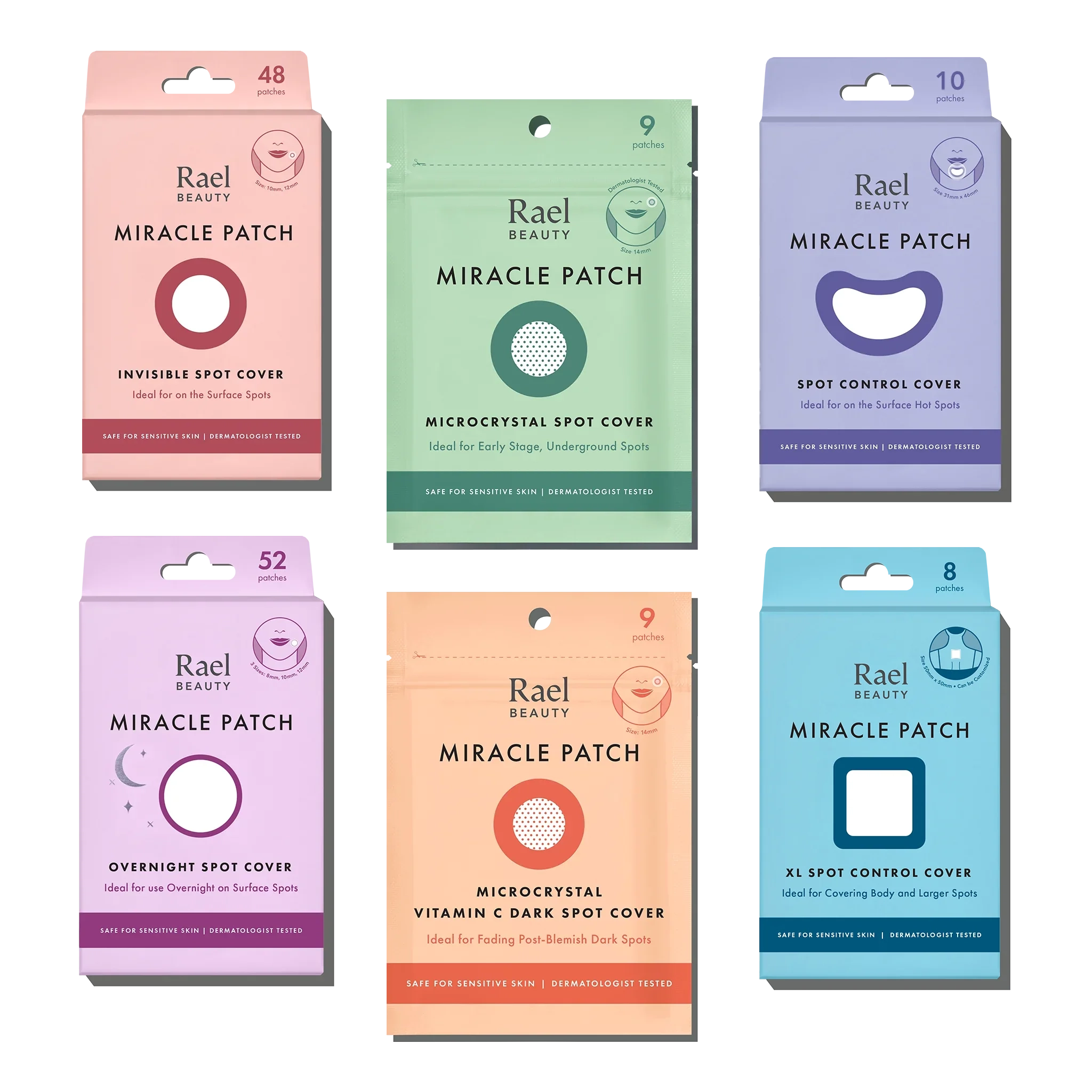 Six packages of Rael Beauty Miracle Patch products in various colors on a white background