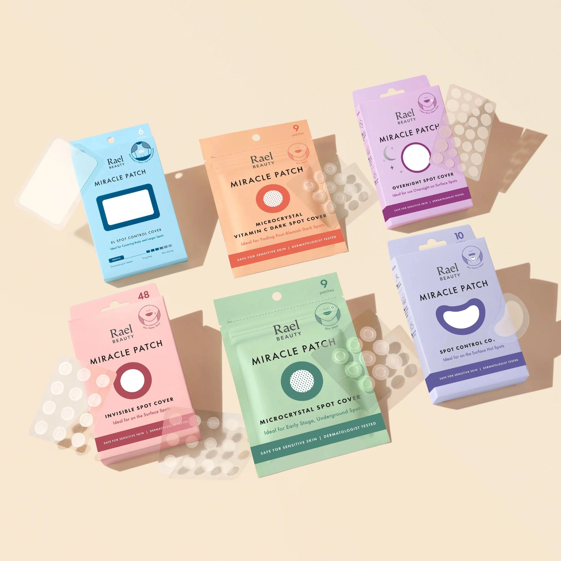 A collection of acne patch packages from Rael Beauty, including various types such as Miracle Patch, Invisible Spot Cover, Microcrystal Spot Cover, and others designed for different stages and types of blemishes.