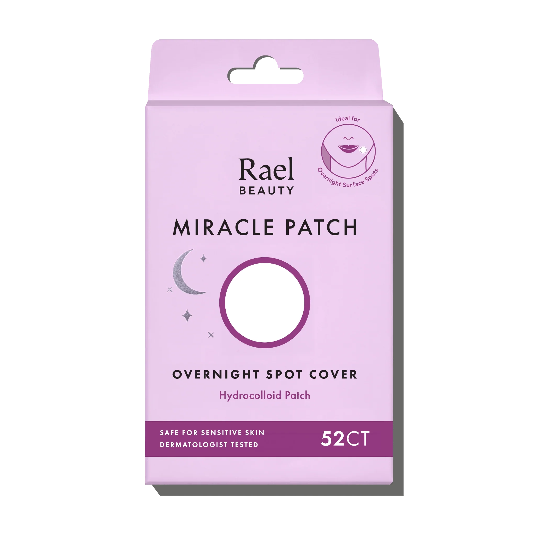 Purple packaging of Rael Beauty Miracle Patch on a black background