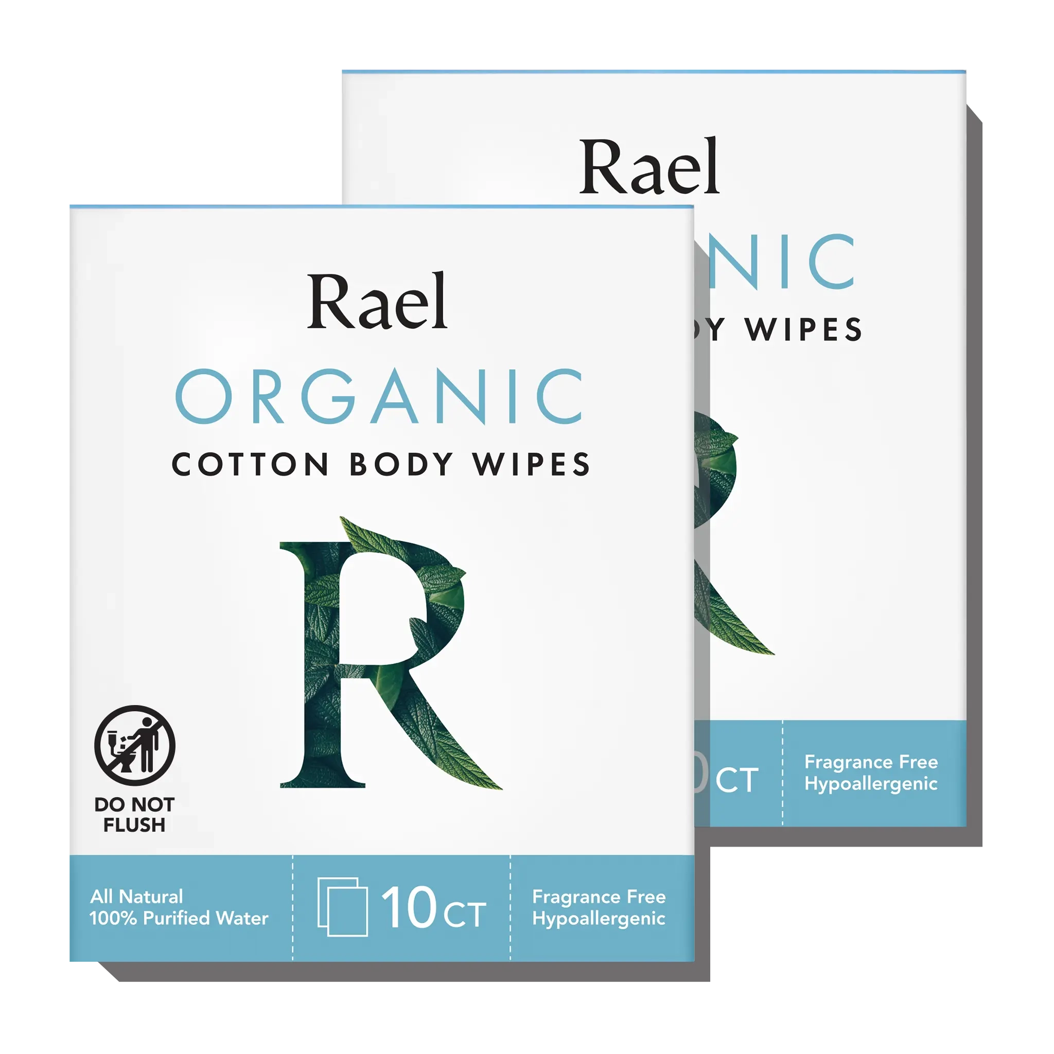 Two packages of Rael Organic Cotton Body Wipes, with labeling of fragrance-free and made from organic cotton.
