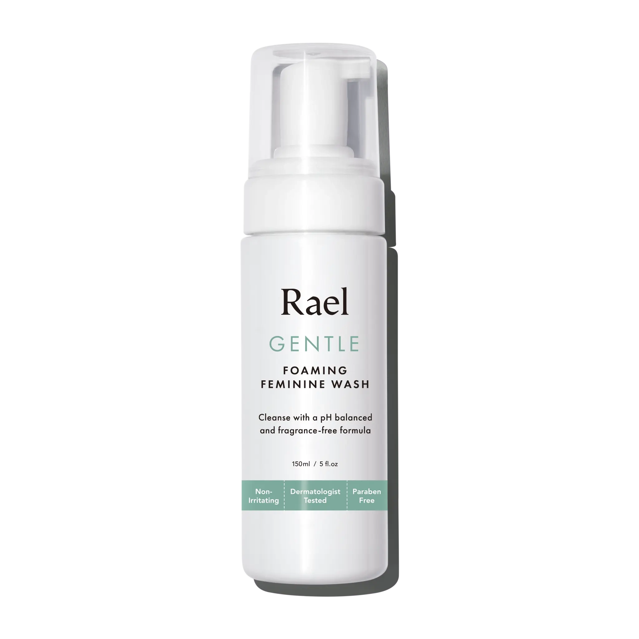 A pump bottle of Rael Gentle Foaming Feminine Wash with product information and branding visible.