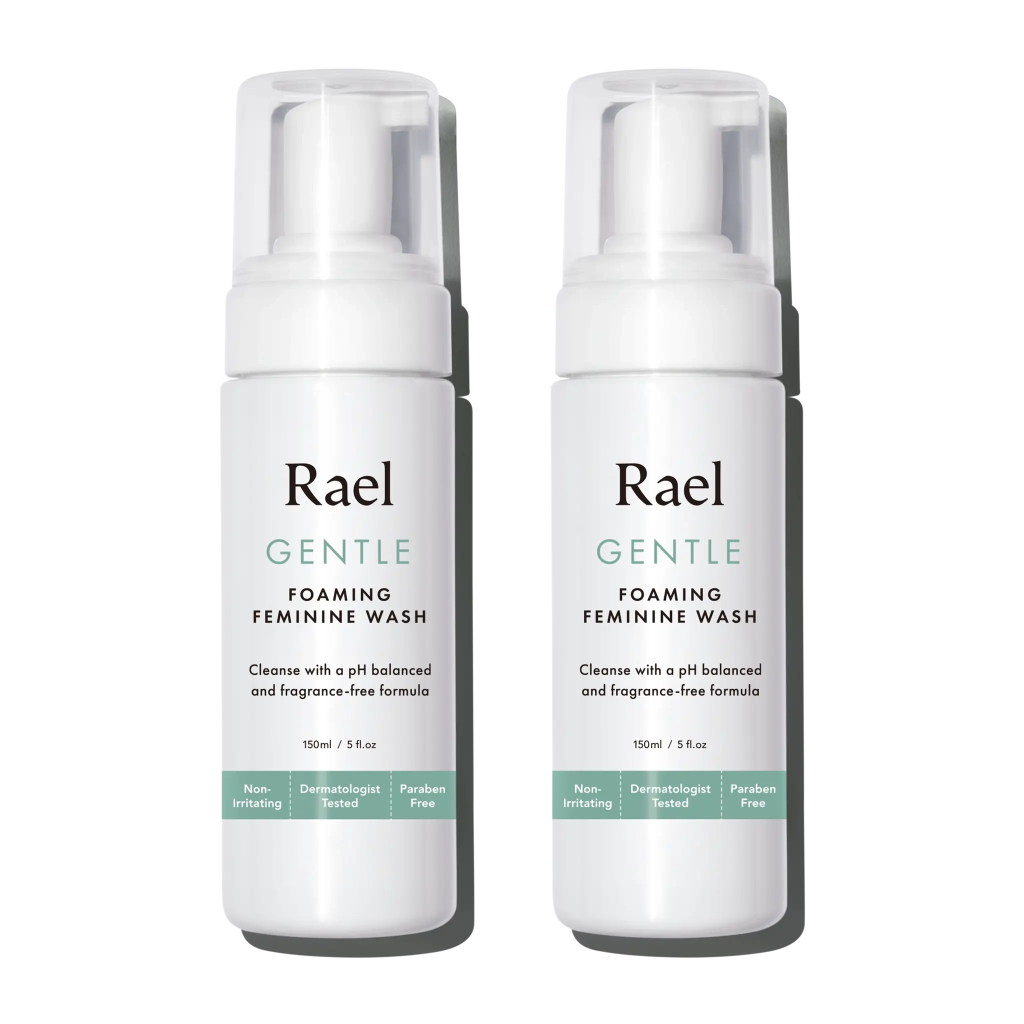 2 pump bottles of Rael Gentle Foaming Feminine Wash with white background.