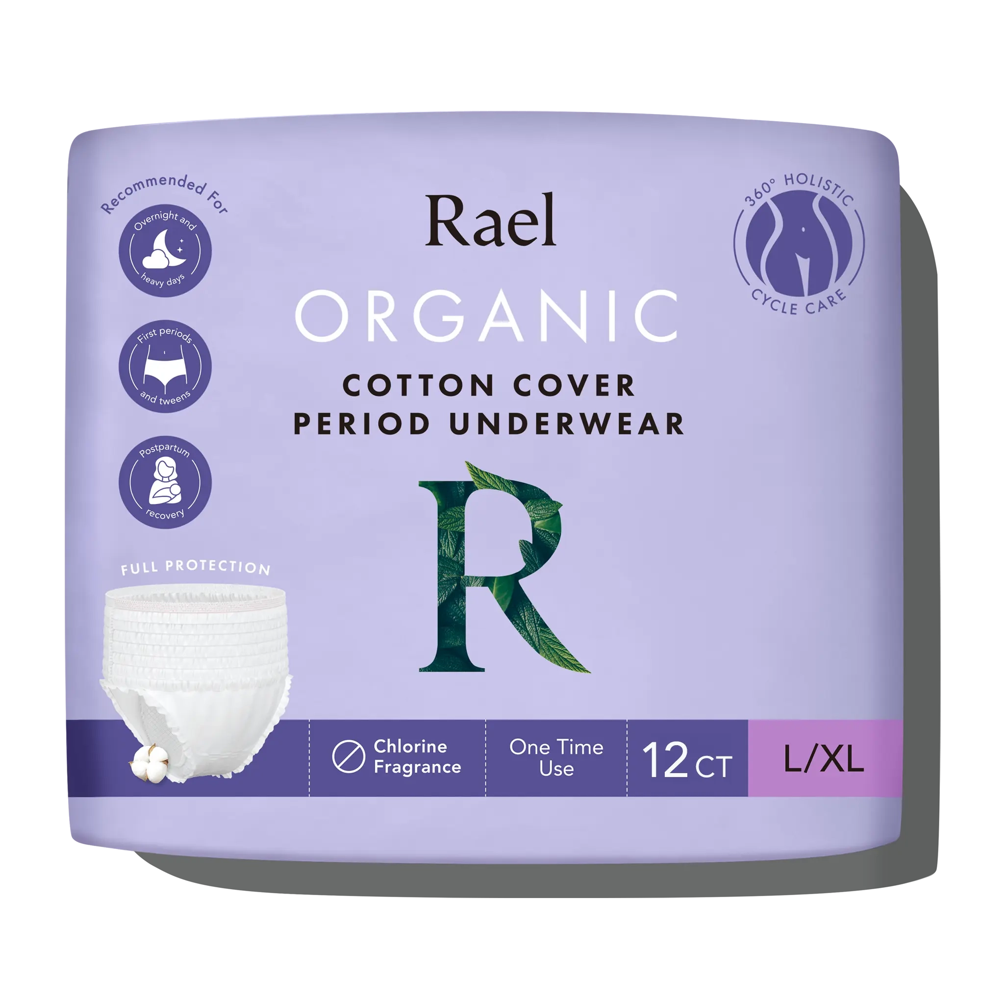 Package of Rael Organic Cotton Cover Period Underwear with purple color scheme, size L/XL.