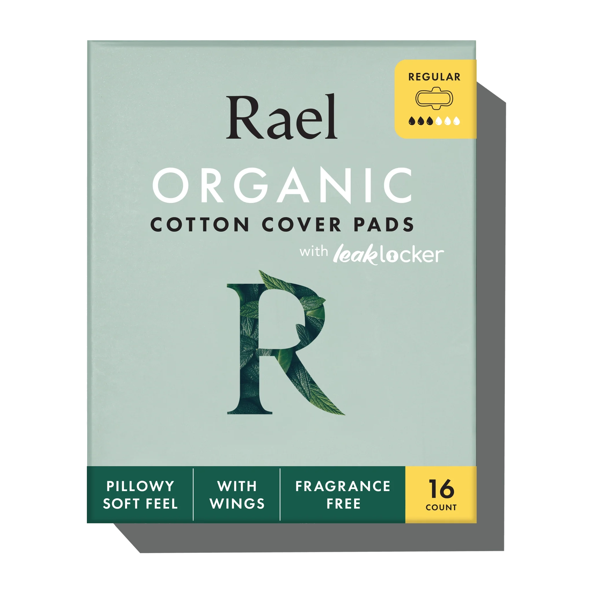 A package of Rael Organic Cotton Cover Pads in the Regular size, featuring a sage green box with dark green and yellow accents, on a white background with a soft shadow.